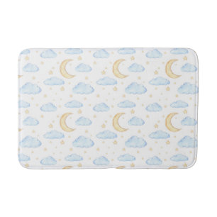 Watercolor Moon Stars and Clouds Pattern Bath Mat