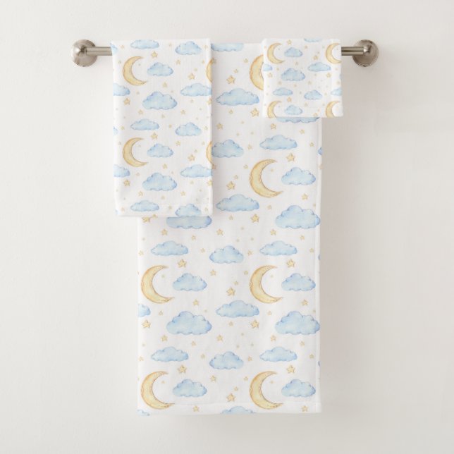 Watercolor Moon Stars and Clouds Pattern Bath Towel Set (Insitu)