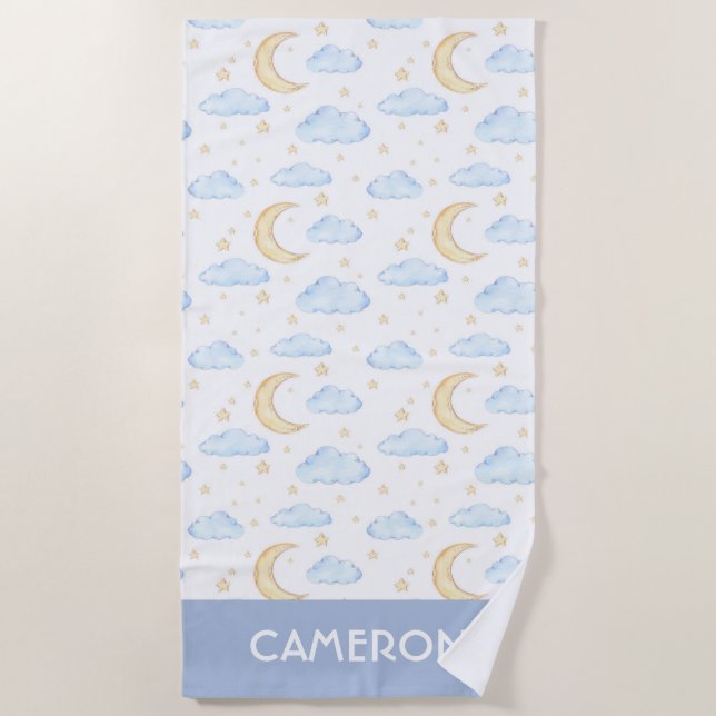 Watercolor Moon Stars and Clouds Pattern Beach Towel (Front)