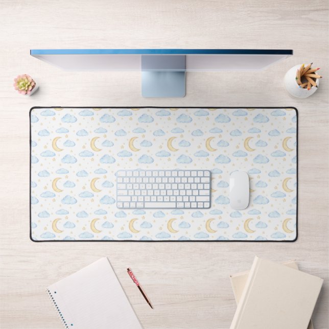 Watercolor Moon Stars and Clouds Pattern Desk Mat (Office 1)