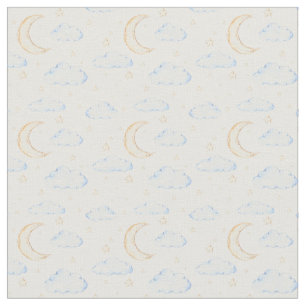 Watercolor Moon Stars and Clouds Pattern Fabric