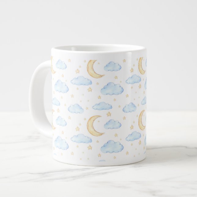 Watercolor Moon Stars and Clouds Pattern Large Coffee Mug (Front Left)