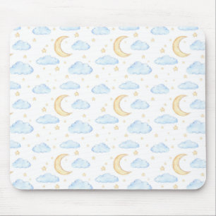 Watercolor Moon Stars and Clouds Pattern Mouse Pad