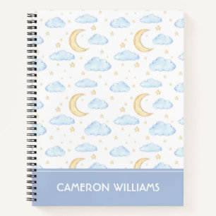 Watercolor Moon Stars and Clouds Pattern Notebook