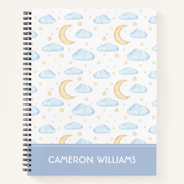 Watercolor Moon Stars and Clouds Pattern Notebook (Front)