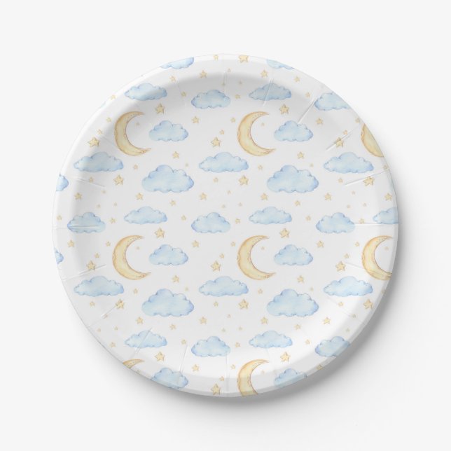Watercolor Moon Stars and Clouds Pattern Paper Plate (Front)