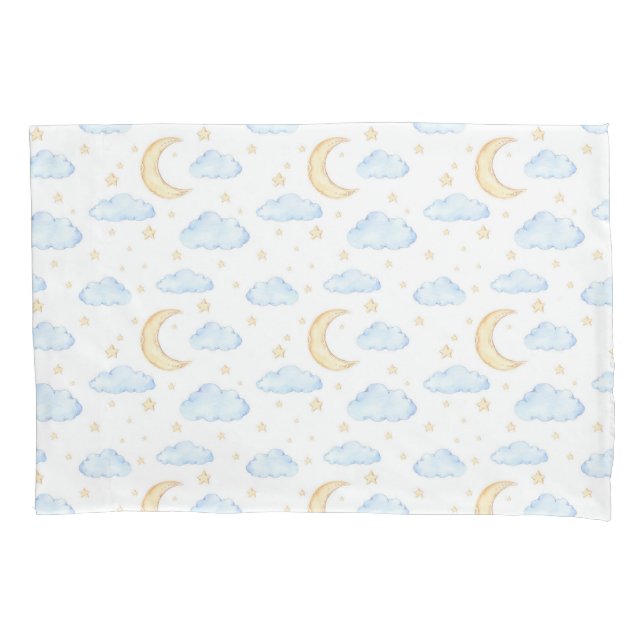 Watercolor Moon Stars and Clouds Pattern Pillowcase (Front)