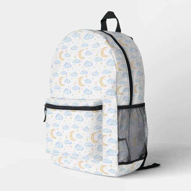 Watercolor Moon Stars and Clouds Pattern Printed Backpack (Back Corner Right)