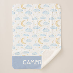 Watercolor Moon Stars and Clouds Pattern Sherpa Blanket