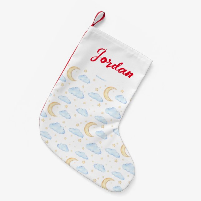 Watercolor Moon Stars and Clouds Pattern Small Christmas Stocking (Front (Hanging))