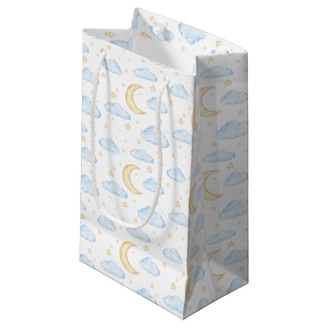 Watercolor Moon Stars and Clouds Pattern Small Gift Bag (Front Angled)