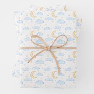Watercolor Moon Stars and Clouds Pattern Wrapping Paper Sheet
