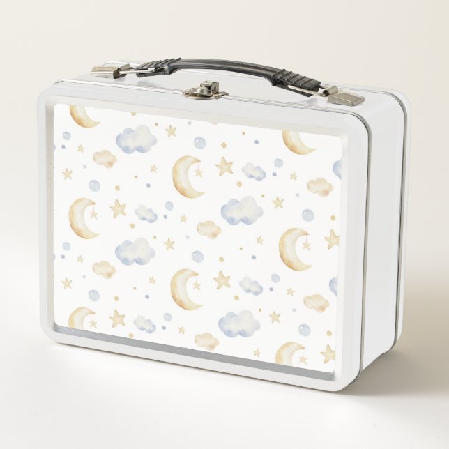 Watercolor Moon Stars & Cloud Pattern Metal Lunch Box (Front)