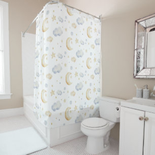 Watercolor Moon Stars & Cloud Pattern Shower Curtain