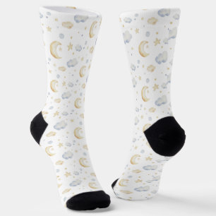 Watercolor Moon Stars & Cloud Pattern Socks