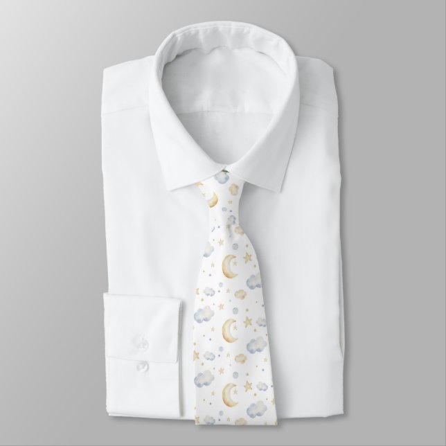 Watercolor Moon Stars & Cloud Pattern Tie (Tied)