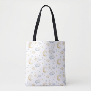 Watercolor Moon Stars & Cloud Pattern Tote Bag