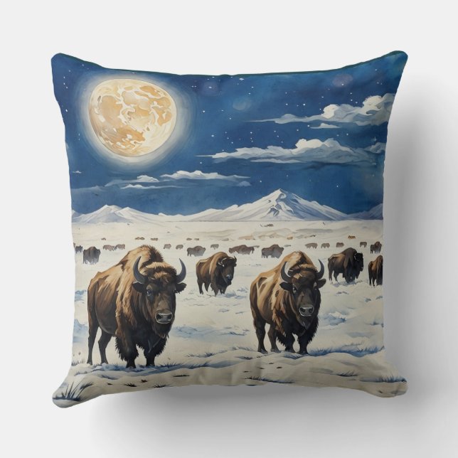 Watercolor Moonlit Bison Cushion (Back)