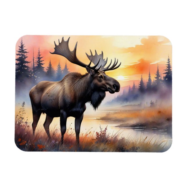Watercolor Moose at Sunrise Flexible Magnet (Horizontal)