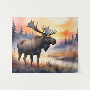 Watercolor Moose at Sunrise Tapestry