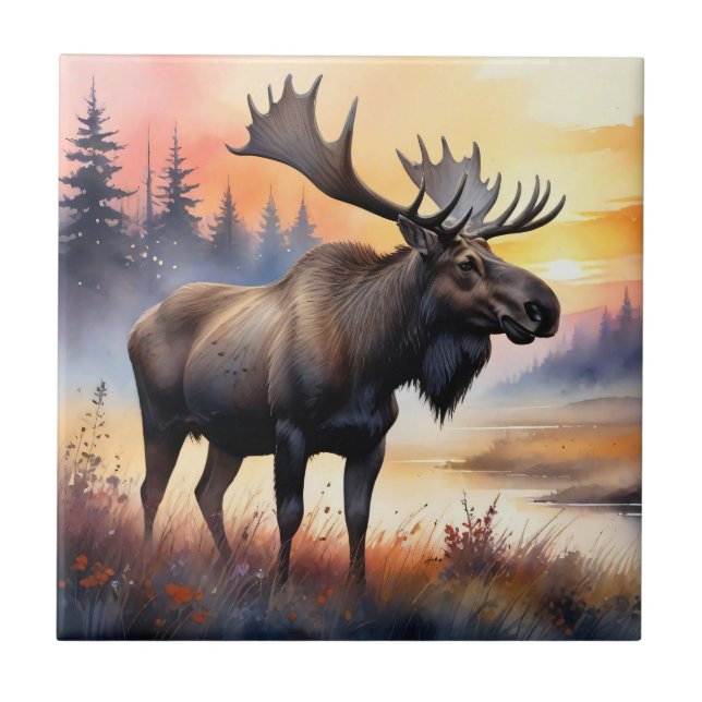 Watercolor Moose at Sunrise Tile (Front)