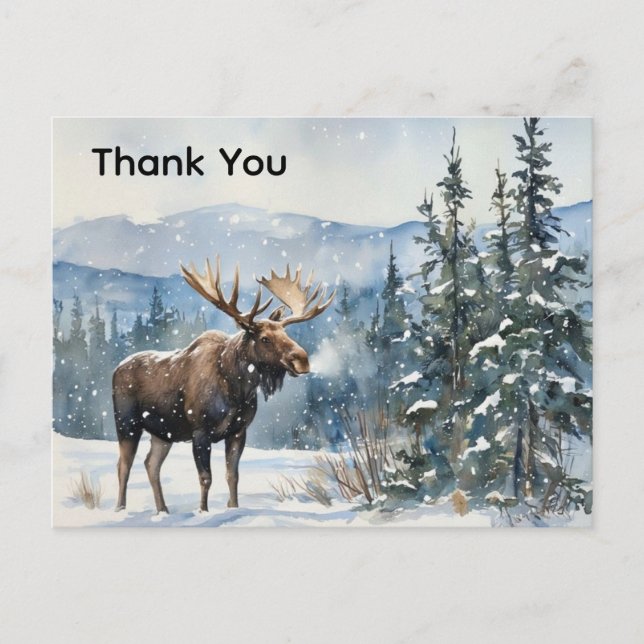 Watercolor Moose in Snow Thank You  Postcard (Front)