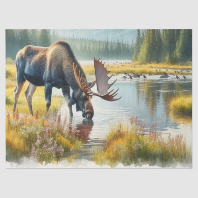 Watercolor Moose Wildlife Decoupage Tissue Paper (Front)