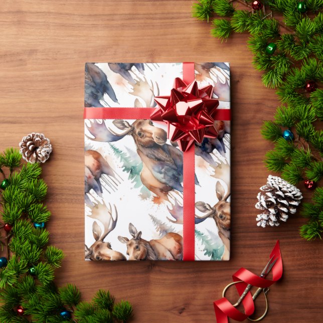 Watercolor Moose Winter Animal Wildlife Nature Art Wrapping Paper (Holiday Gift)