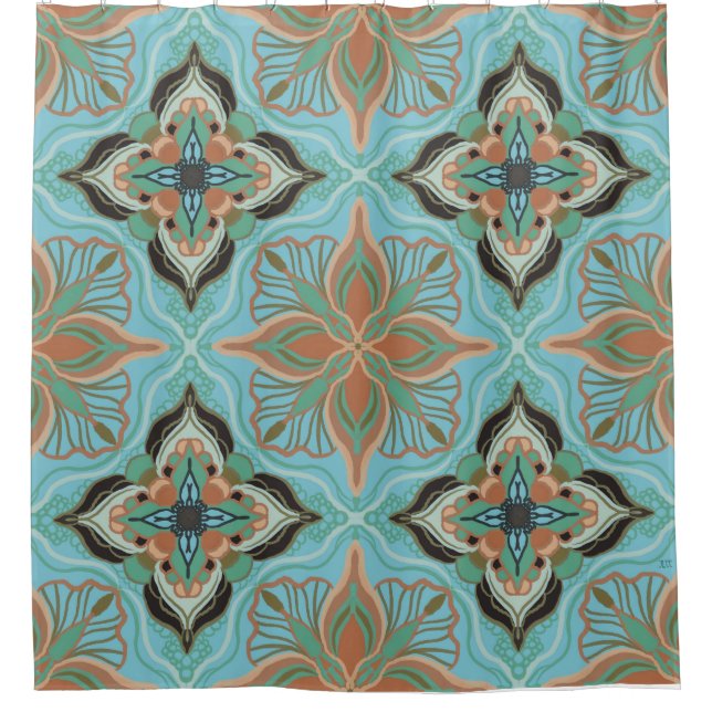Watercolor Moroccan Blue Floral  Shower Curtain (Front)