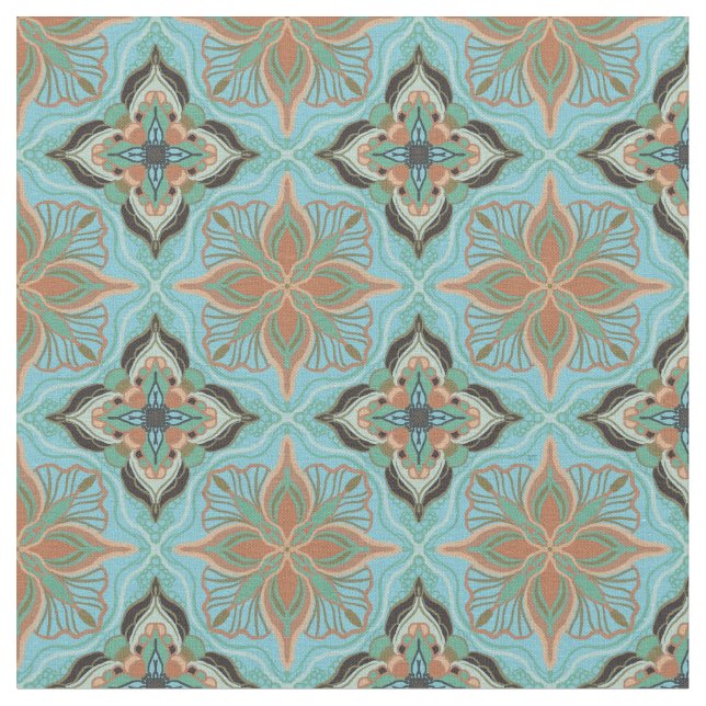 Watercolor Moroccan Blue Floral Tile Fabric (Close Up)
