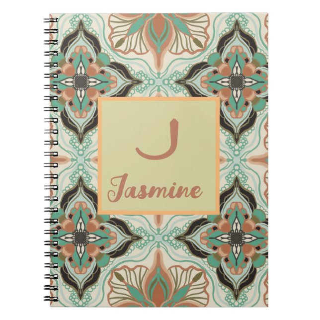 Watercolor Moroccan Floral Mint Personalised Notebook (Front)