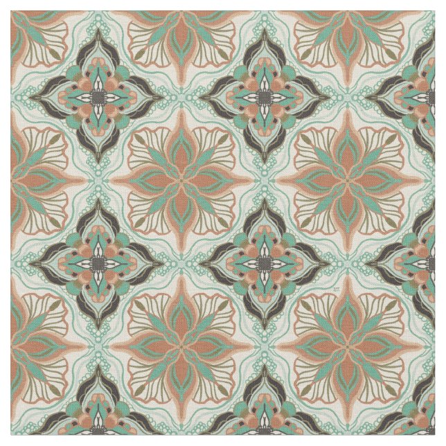Watercolor Moroccan Floral Tile Pattern Fabric (Close Up)