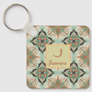Watercolor Moroccan Floral Tile Personalised  Key Ring