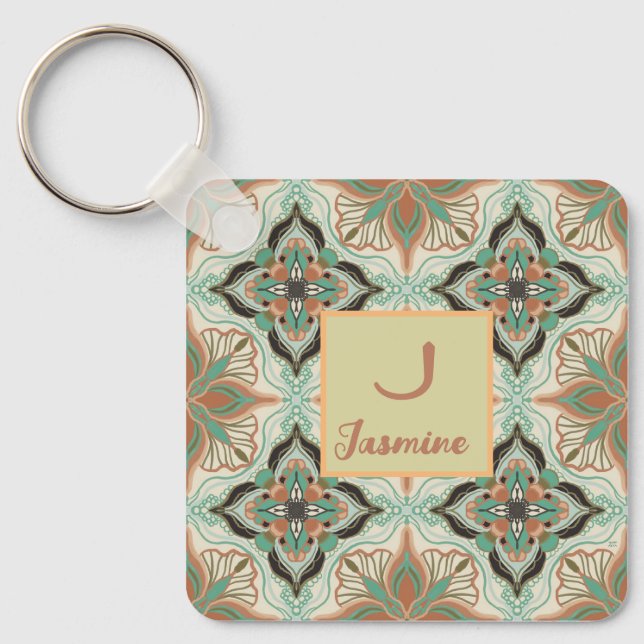 Watercolor Moroccan Floral Tile Personalised  Key Ring (Front)