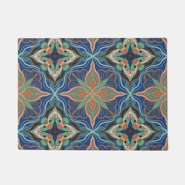 Watercolor Moroccan Marrakech Floral Tile  Doormat (Front)