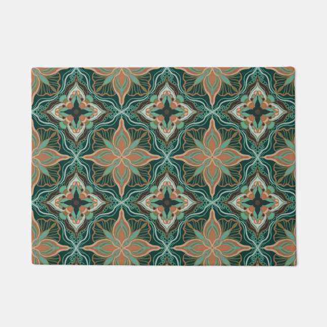 Watercolor Moroccan Teal Floral Tile  Doormat (Front)