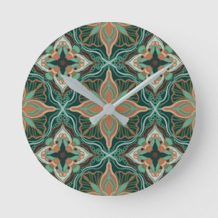Watercolor Moroccan Teal Floral Tile  Round Clock