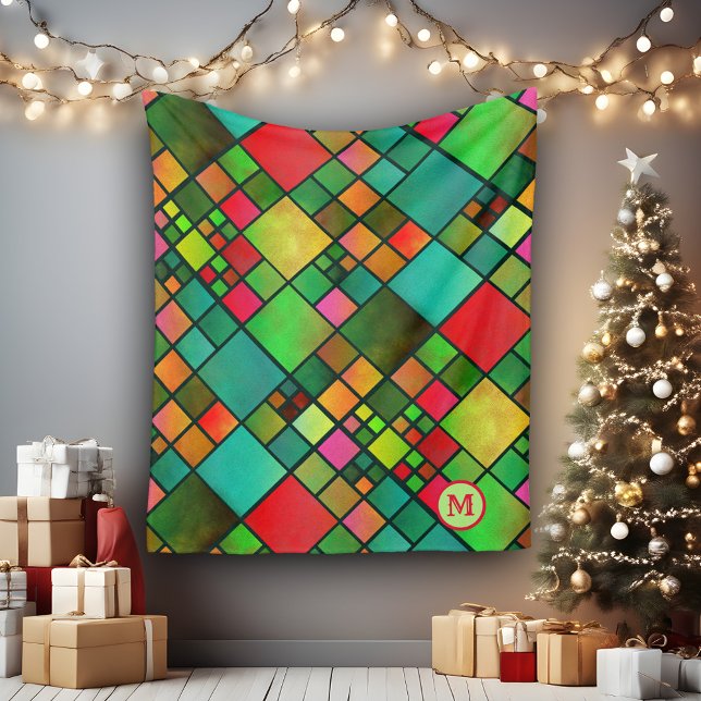Watercolor Mosaic Pattern Monogram Fleece Blanket (Fleece blanket featuring your own monogram on a colorful watercolor checkered mosaic pattern)
