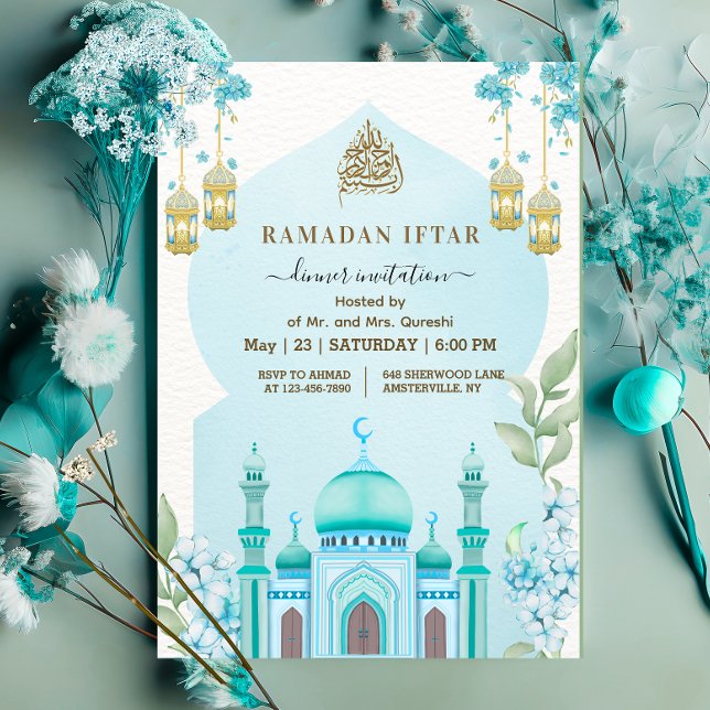 Watercolor Mosque Iftar Dinner Blue Invitation (Creator Uploaded)