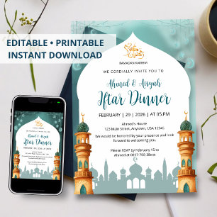 Watercolor Mosque Mint Teal & Gold Ramadan Iftar Invitation