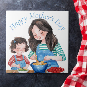 Watercolor Mother & Child Food Prepping Design Tile