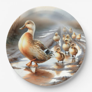 Watercolor Mother Duck With Ducklings Paper Plate