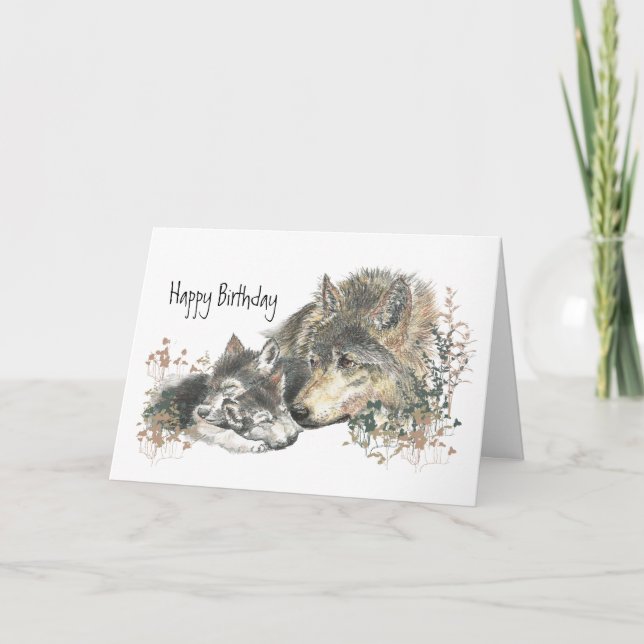 Watercolor Mother Wolf & Cubs Mum Happy Birthday Card (Front)