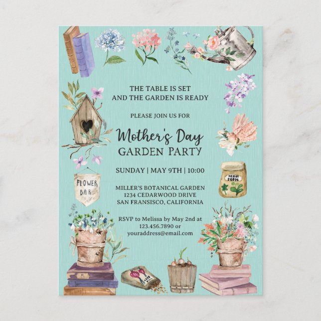 Watercolor Mother's Day Floral Garden Party Invitation Postcard (Front)