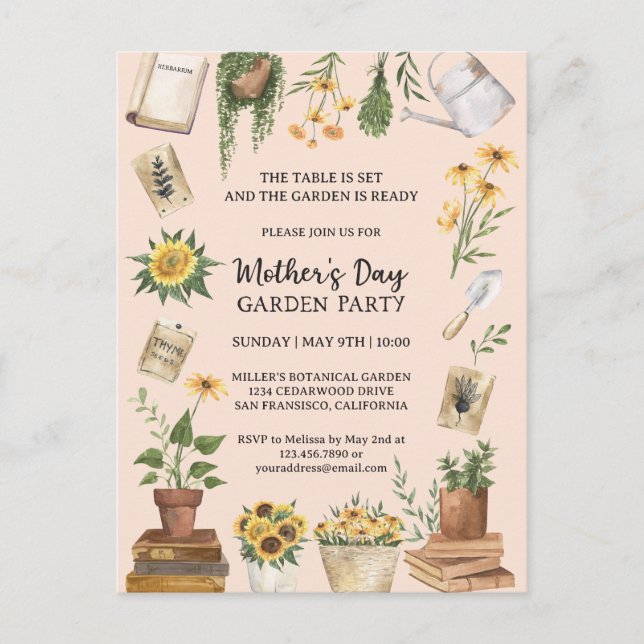 Watercolor Mother's Day Sunflower Garden Party Inv Invitation Postcard (Front)