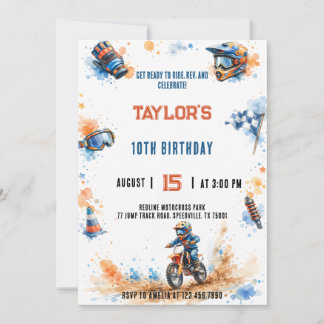 Watercolor Motocross Dirt Orange Blue Birthday Invitation