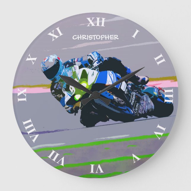 Watercolor Motorcycle Rider Circle Racing Sketch Large Clock (Front)