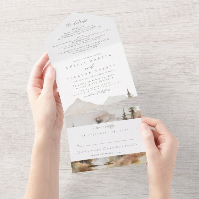 Watercolor Mountain All In One Wedding Invitation (Tearaway)