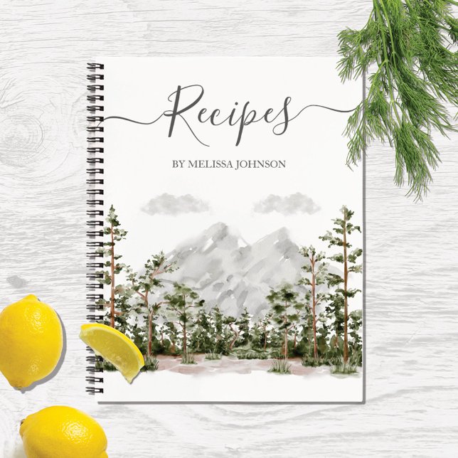 Watercolor Mountain and Forest Cookbook Recipe Notebook (In situ kitchen table)