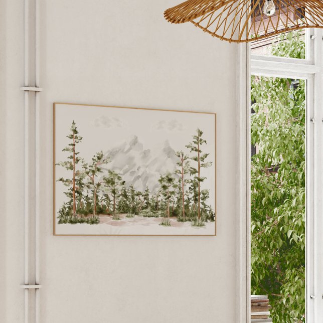 Watercolor Mountain and Forest Poster (In situ on wall)
